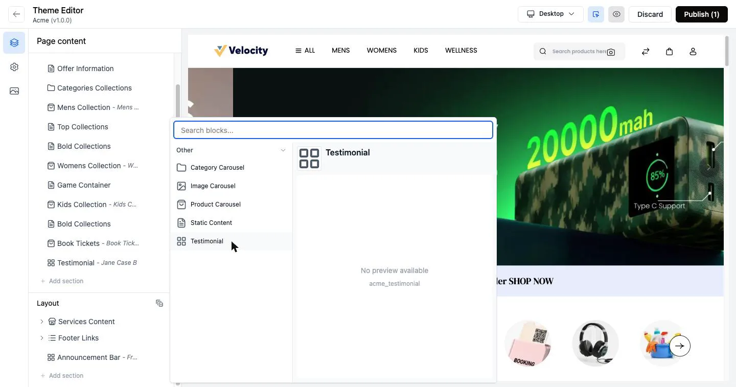 A custom Testimonial section in the Add section picker