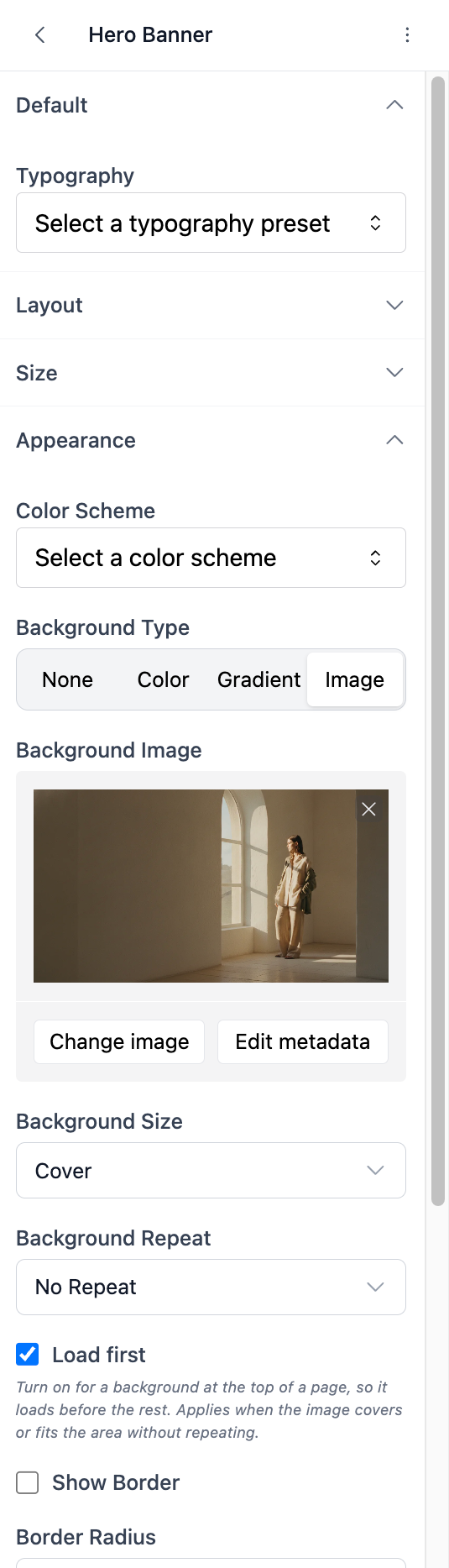 Appearance settings of a section