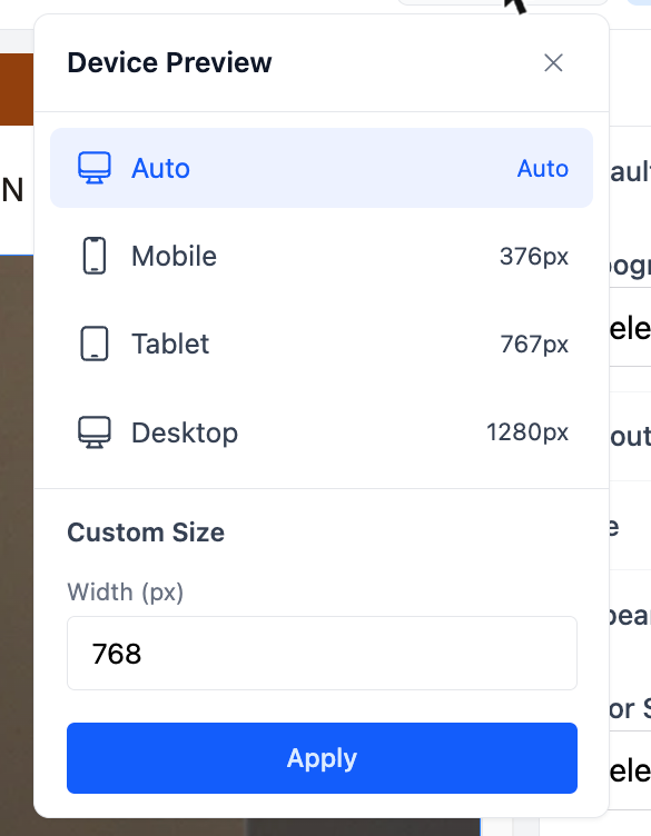 The device preview menu