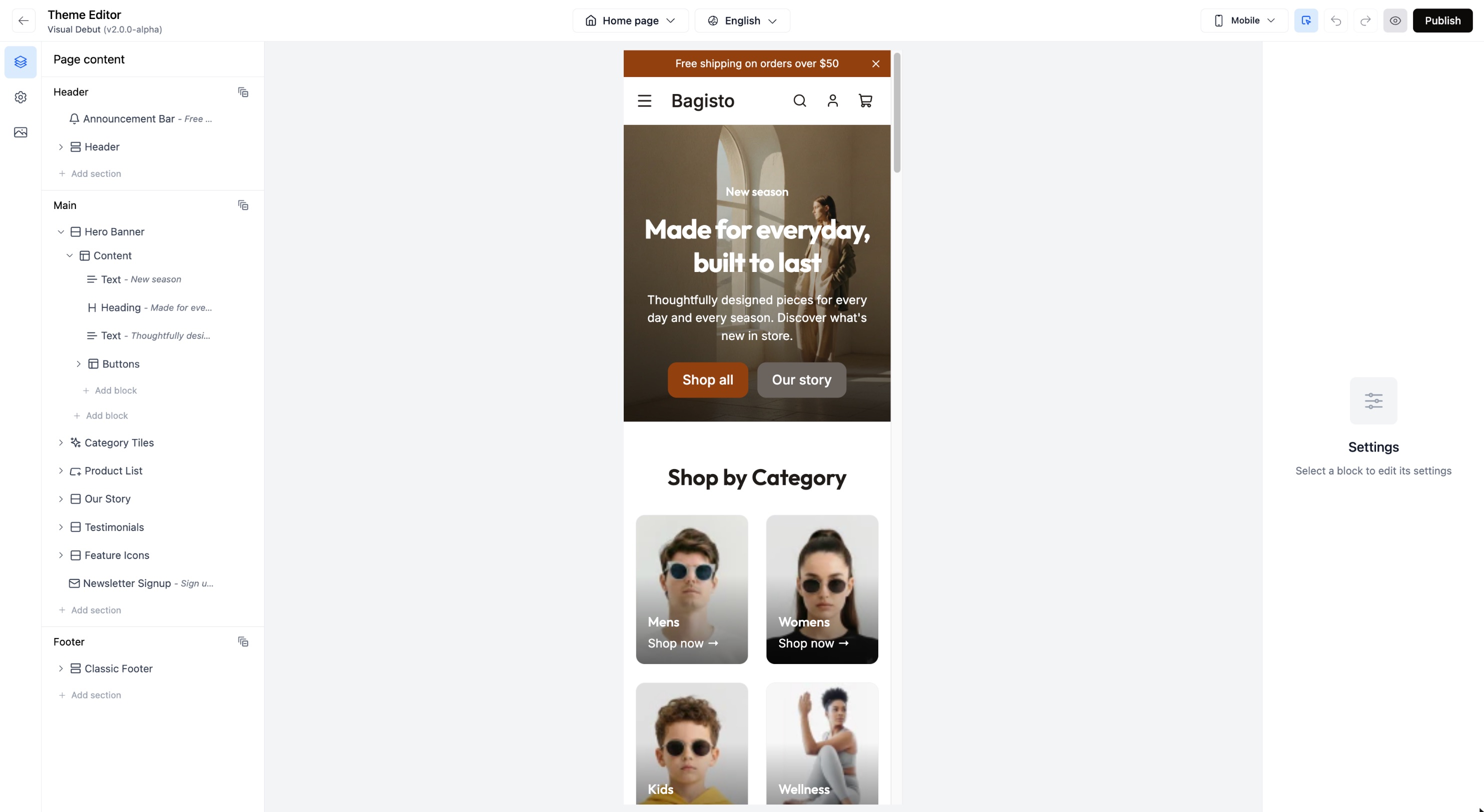 The home page in mobile preview