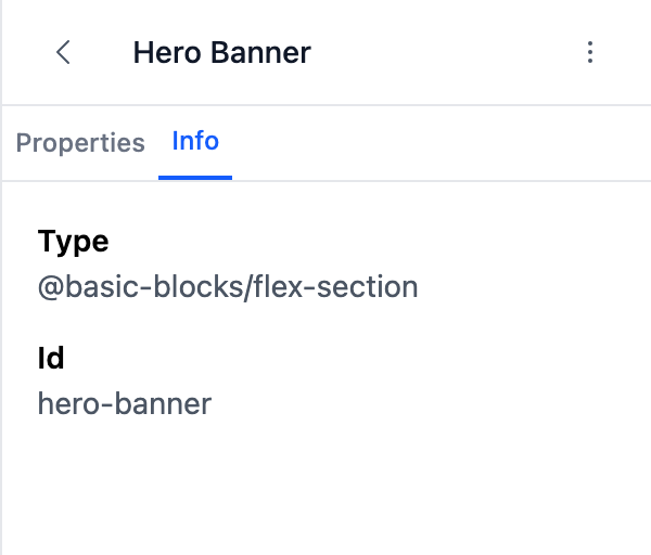 An Info tab next to Properties, showing the type and id of the selected block