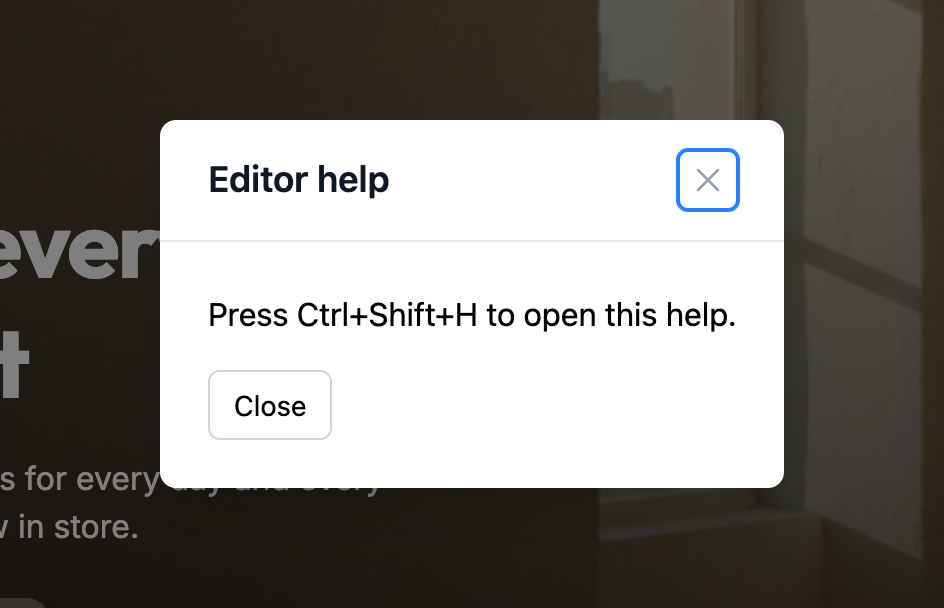 An Editor help modal open over the theme editor