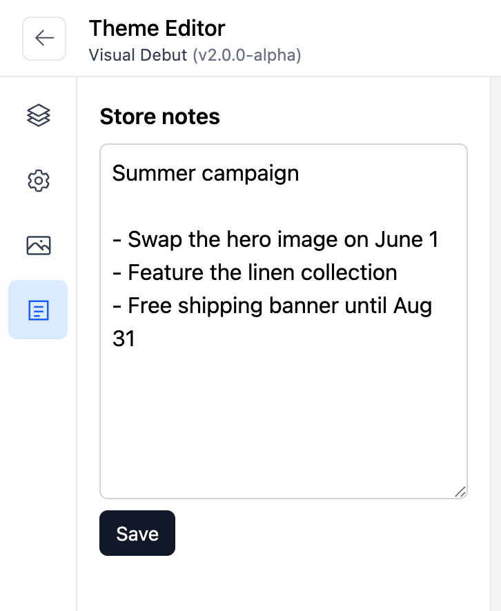 A Store notes panel open in the editor sidebar