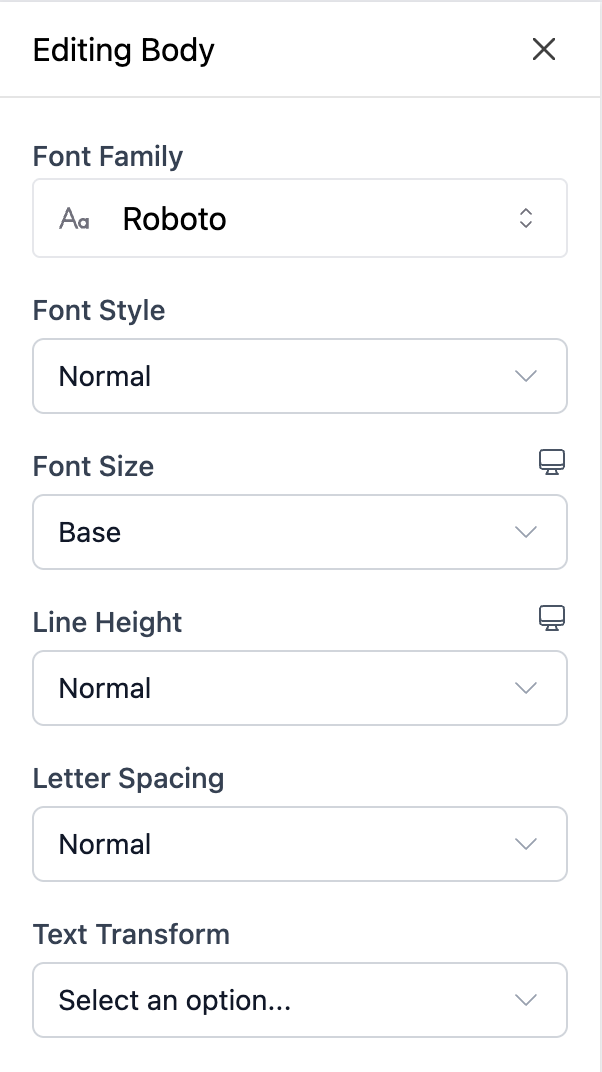 Edit typography preset setting type preview