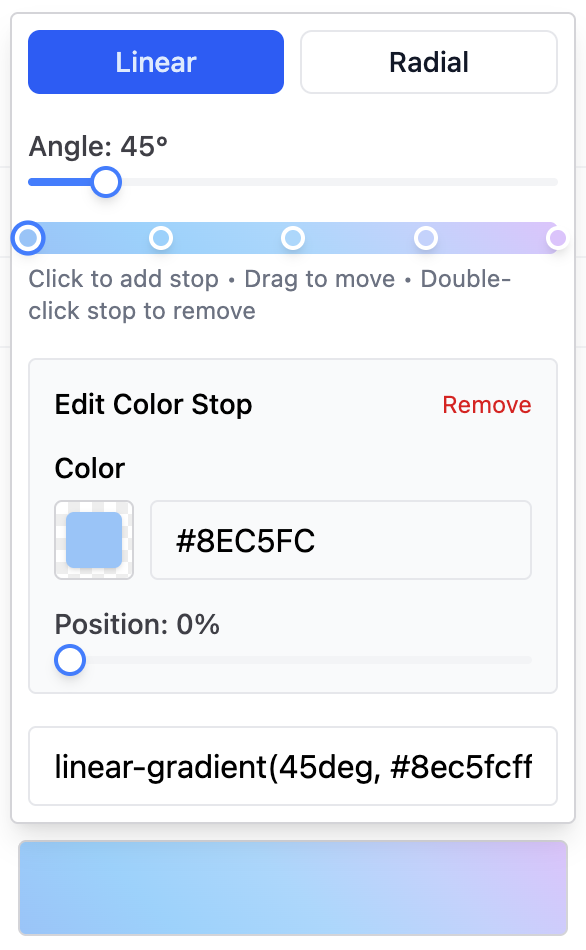 Gradient setting type preview